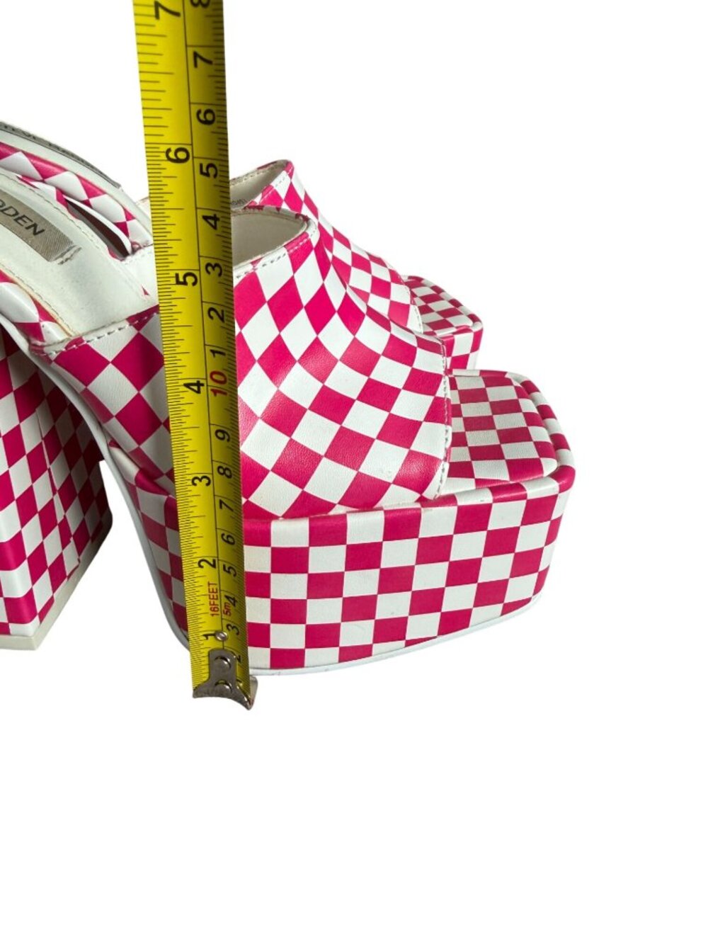 STEVE MADDEN Trixie Checkerboard Pink White Platform Sandals Heels Size 8 - Picture 9 of 11